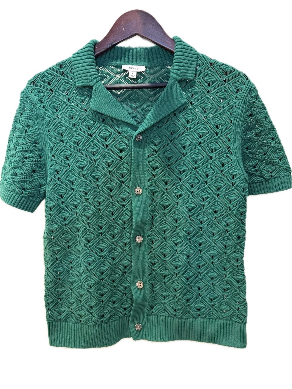 Reiss Emerald Green Openwork Knit Polo Cardigan. Fits like a size Medium